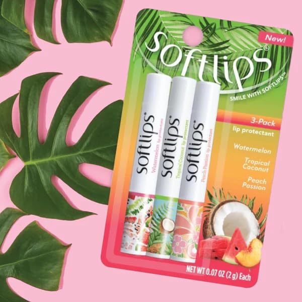 SoftLips Lip Balm, 0.63 oz - Tropical Lip Balm in Hydrating Watermelon, Coconut & Peach Flavors with Shea Butter & Vitamin E, Bundle with Moofin Wooden Comb, Nourishing LipBalm Set (Pack of 1)