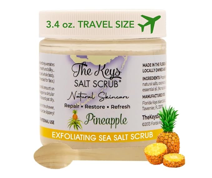The Keys Salt Scrub -Sea Salt Scrub - Exfoliating Body Scrub with Wooden Spoon - Moisturizing Exfoliator for Hands, Foot, Bath, (3.4 Ounce (Pack of 1), Pineapple)
