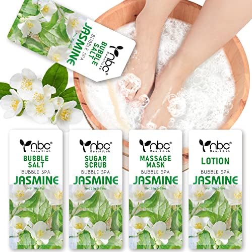 Pedicure Kit Foot Soak Set: Bubble Salt, Sugar Scrub, Massage Mask, Massage Lotion in a Box, 4 Step Foot Spa Kit for Dry Feet, Calluses and Tired Feet (1 Set Jasmine)