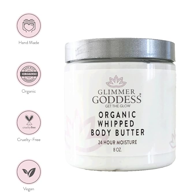 Glimmer Goddess Organic Whipped Body Butter for Women - Moisturizer Cream with Shea & Cocoa Butter, Almonds & Coconut Oil - Spiced Orange, 8oz