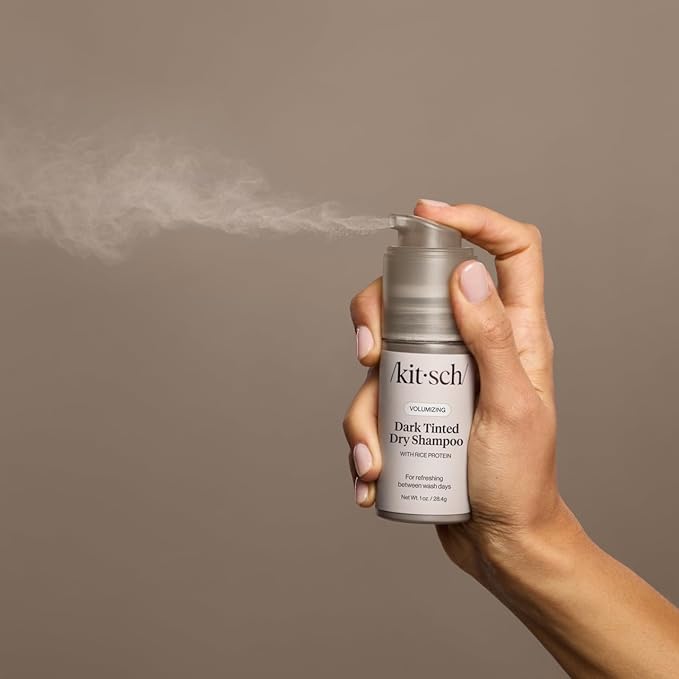 Kitsch Volumizing Rice Protein Dry Shampoo Powder - Dry Shampoo for Women & Men, Dark Hair, No White Cast, Absorbs Oil, Non-Greasy, Fragrance Free, Travel Size in Pump Form - Dark Tinted 1oz