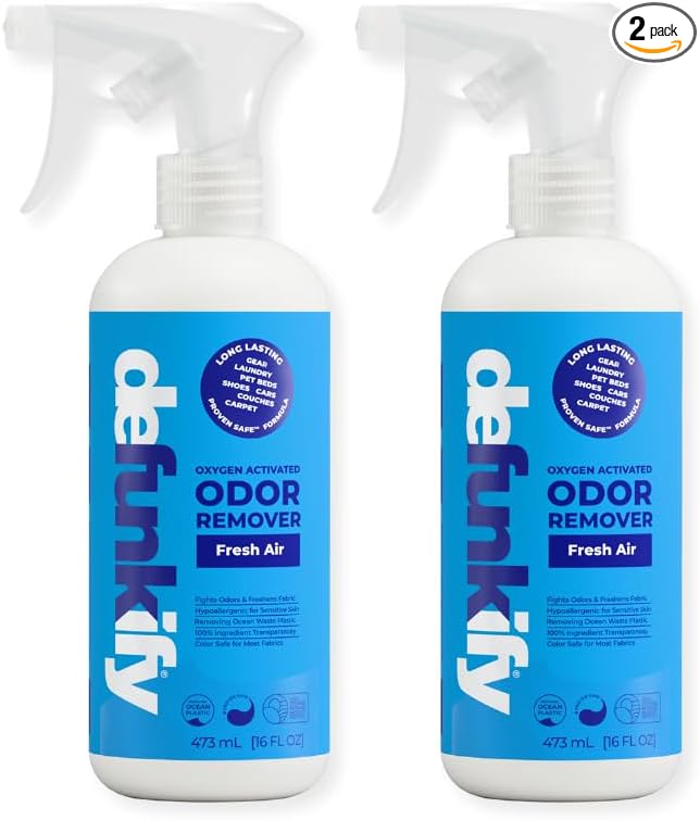 Odor Remover Spray, 16oz (2-Pack). 'Fresh Air' Essential Oil Odor Eliminator for Strong Odors on Fabric, Shoes, Activewear. 'ProvenSafe' Deodorizer for Pets, Kids & Sensitive Gear w/Ionic Silver