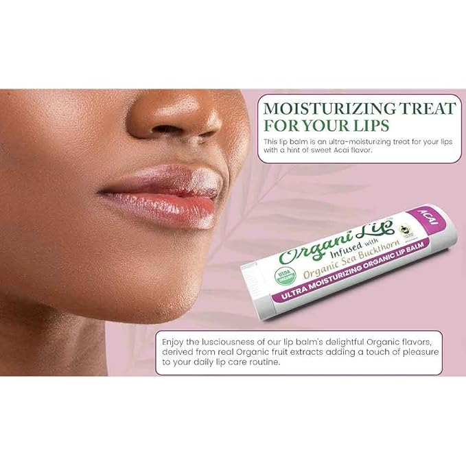 Organic Lip Balm, Acai Flavor, Ultra Hydrating Lip Moisturizer for Cracked or Dry Lips, Infused With Organic Sea Buckthorn, Oval Shaped Tube, USDA Certified Organic, 30 Pack