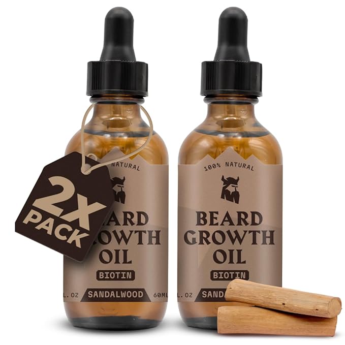 Striking Viking Beard Oil for Men - 2 Fl Oz, 2 Pack, Sandalwood Scent - Naturally Derived Conditioner with Almond, Tea Tree, Argan & Jojoba Oil for Beard Growth, Softening & Moisturizing
