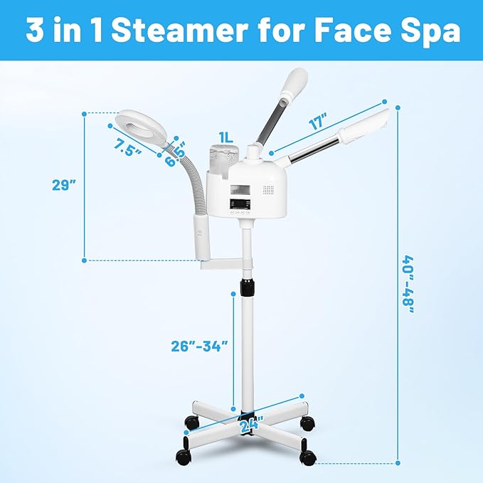 Pro Rolling Facial Steamers for Face Professional 3 in 1 Facial Steamer Humidifier with 5X Mag Lamp,Face Steamer Standing Warm Cold Mist Digital LCD Screen for Home Salon Spa