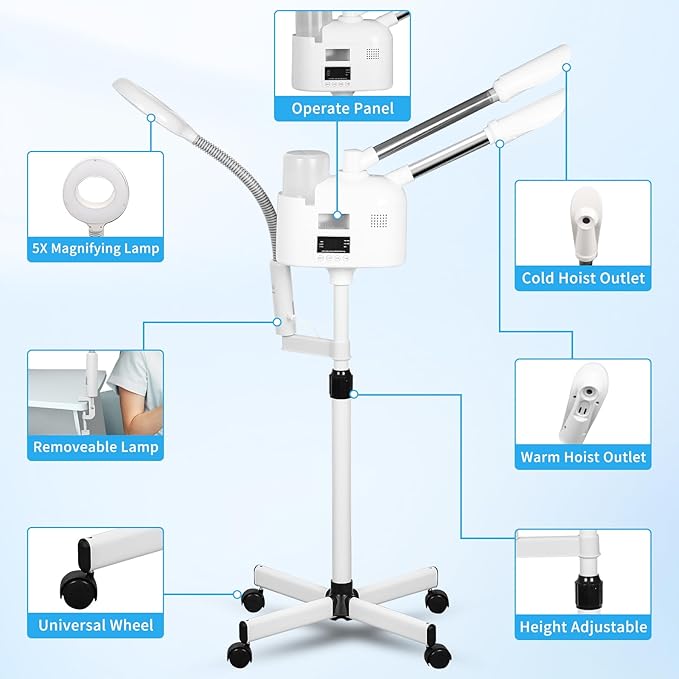 Pro Rolling Facial Steamers for Face Professional 3 in 1 Facial Steamer Humidifier with 5X Mag Lamp,Face Steamer Standing Warm Cold Mist Digital LCD Screen for Home Salon Spa