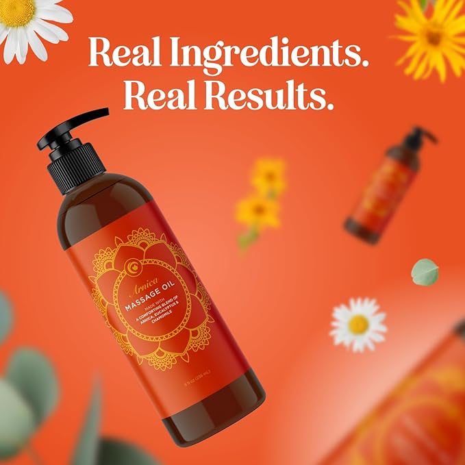 Arnica Massage Oil for Muscle Relaxing - Comforting Sore Muscle Massage Oil for Full Body Relief with Soothing Chamomile Lavender Peppermint & Rosemary Essential Oils - Vegan & Non GMO (8 Fl Oz)