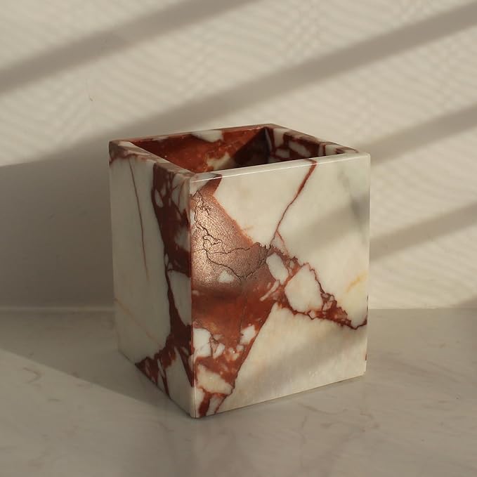 Calacatta Red Marble Toothbrush Holders for Bathroom, Natural Marble Makeup Brush Holder Countertop Organizer