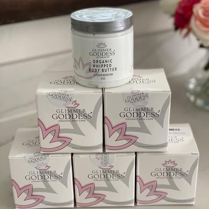 Glimmer Goddess Organic Whipped Body Butter for Women - Moisturizer Cream with Shea & Cocoa Butter, Almonds & Coconut Oil - Honeysuckle, 8oz