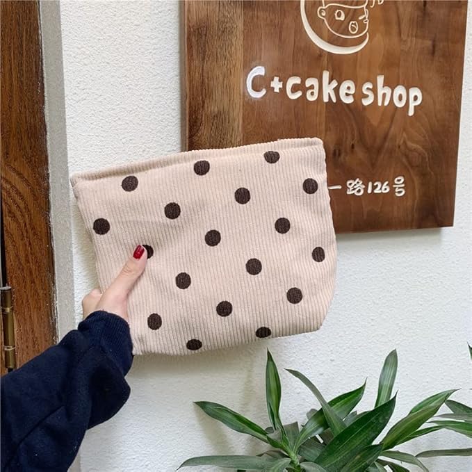 PAZIMIIK Makeup Bag Large Zipper Corduroy Make Up Pouch for Purse Travel Canvas Cosmetic Organizer for Women Brush Storage,Polka Dot Beige