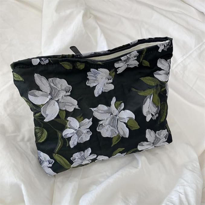PAZIMIIK Makeup Bag Large Cotton Zipper Pouch for Purse Travel Canvas Make Up Organizer for Women Cosmetic,Brocade Floral Black