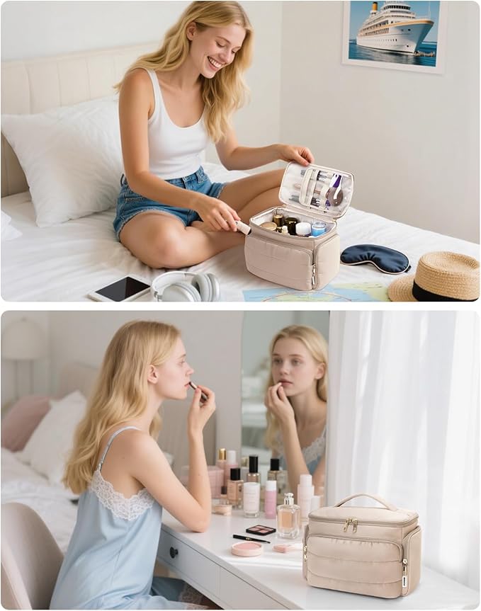 WANDF Travel Toiletry Bag for Women, Wide-open Large Makeup Bag with Handle, Puffy Makeup Organizer for Toiletries, Cosmetics, Accessories, Essentials (Light Khaki)