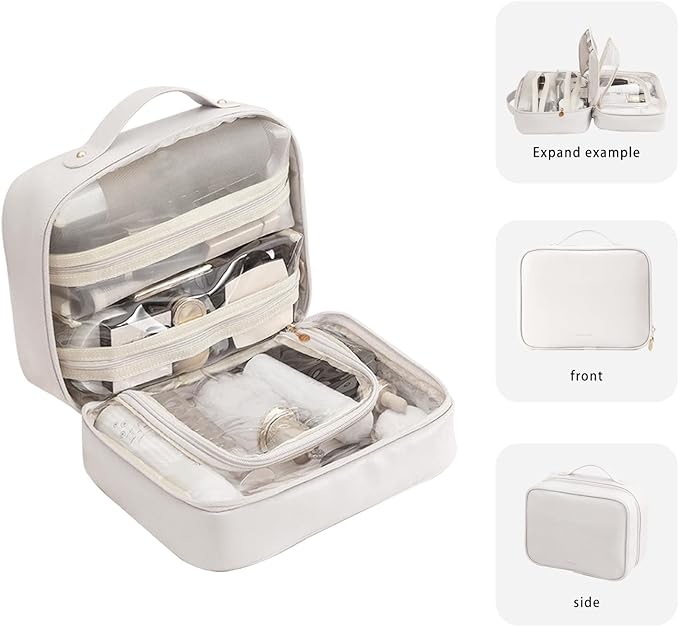 RIGHT AWAY Travel Toiletry Bag for Women,Large Makeup Bag& Cases,Waterproof Cosmetic Organizer Bag with Compartments,Portable Make Up Bag for Travel Size Toiletries,Skincare,Brushes Set,White