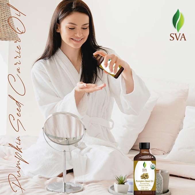 SVA Pumpkin Seed Oil Organic - 2 Fl Oz – 100% Natural Cold Pressed Pumpkin Seed Oil - for Face, Skin Care, Hair Care, Scalp Massage & Body Massage - with Dropper
