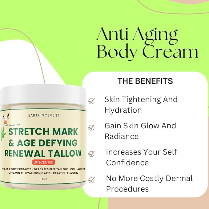 Stretch Mark & Age Defying Renewal Tallow – Yam Root, Coll-agen, Biotin, Vitamin C, Dead Sea Minerals, Hyaluronic Acid, Keratin & Elastin (8 fl oz, Warm Scent)