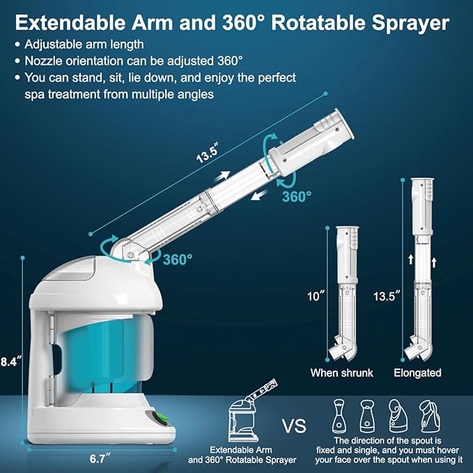 Facial Steamer - DENFANY Nano Ionic Face Steamer with Extendable 360° Rotating Arm - Portable Facial Steamer for Personal Care at Home or Salon (Blue)