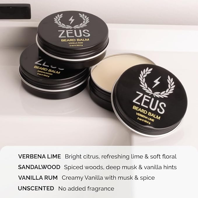 ZEUS Beard Balm, Natural Beeswax & Shea Butter Balm, Softening Conditioner for Facial Hair – MADE IN USA (Vanilla Rum) 2 oz.