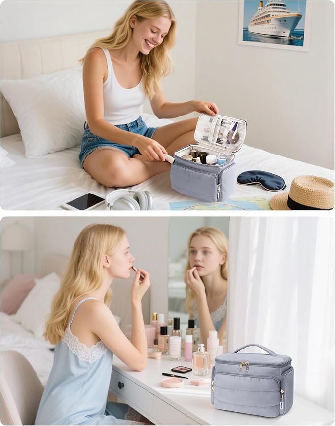 WANDF Travel Toiletry Bag for Women, Wide-open Large Makeup Bag with Handle, Puffy Makeup Organizer for Toiletries, Cosmetics, Accessories, Essentials (Slate Blue)