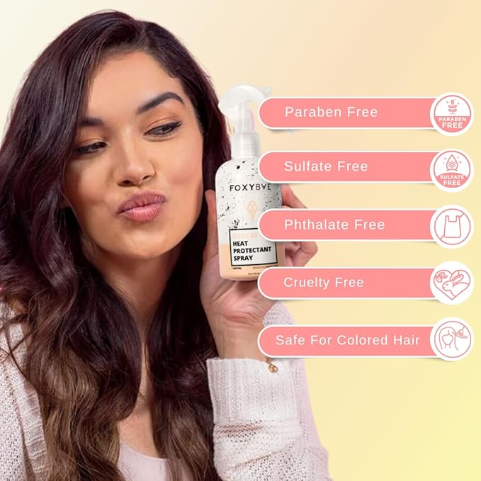 FoxyBae Heat Protectant Spray - Thermal Hair Styling Mist for Curling Iron & Blow Dryer - Prevents Frizz, Damage & Breakage, 8oz