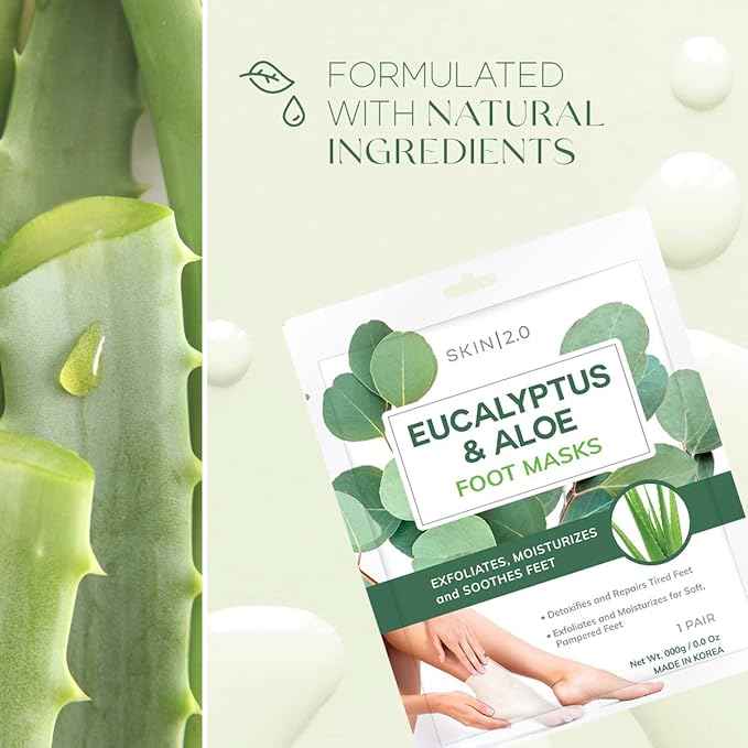 Eucalyptus & Aloe Foot Masks - Moisturizes Tired, Dry & Cracked Feet, Exfoliating & Hydrating - Dermatologist Tested Korean Skincare - Clean Beauty, Cruelty-Free - 3 Pairs