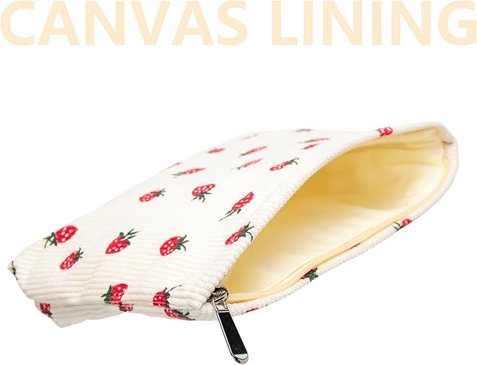 PAZIMIIK Makeup Bag Large Cotton Zipper Pouch for Purse Travel Canvas Make Up Organizer for Women Cosmetic,Strawberry Beige