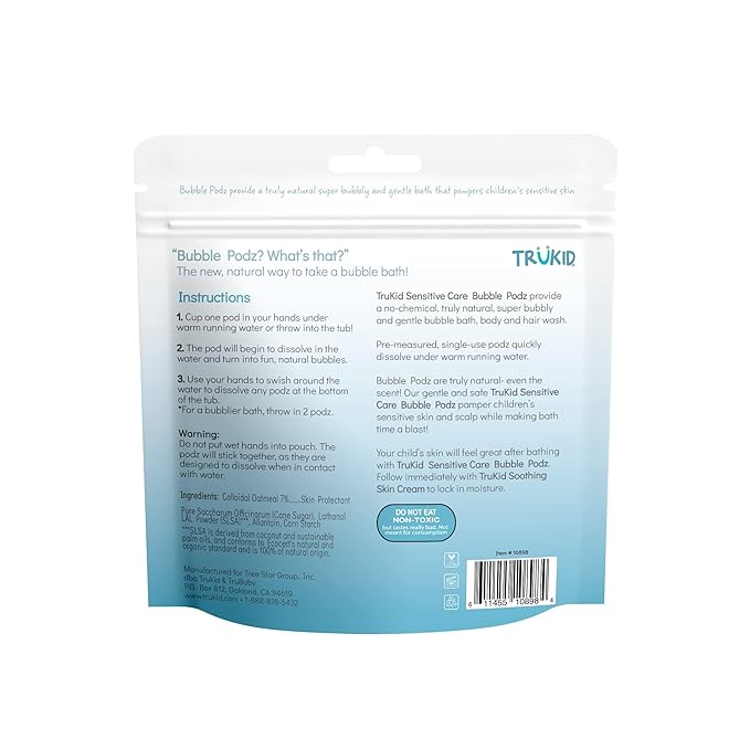 TruKid Bubble Podz Bubble Bath for Kids, Toddlers, & Babies, NEA-Accepted for Eczema, Gentle Refreshing Colloidal Oatmeal Bath Bomb for Sensitive Skin, pH Balanced, Tear Free, Unscented (10 Podz)
