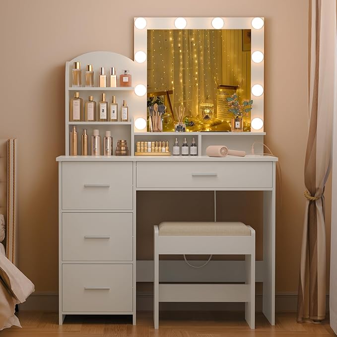 Quimoo Makeup Vanity with 10 Light Bulbs and Charging Station, Vanity Desk with Lighted Mirror & 4 Drawers, Vanity Table Set with Cushioned Stool, White