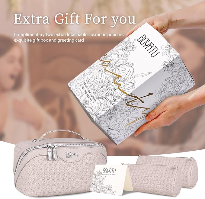 BOYATU Travel Makeup Bags for Women: Large Makeup Organizer - 3 Pcs Make up Bags Set - Vegan Leather Cosmetic Bag with Protable Handle & Divider (L18 Beige)