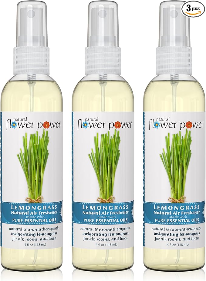 Air Freshener Spray | Lemongrass 4 Fl Oz | Pack of 3 | Scented w/ Pure Essential Oils | Non-Aerosol Plant-Based Odor Eliminator | Room, Linen, or Car Spray | Cruelty-Free & Vegan