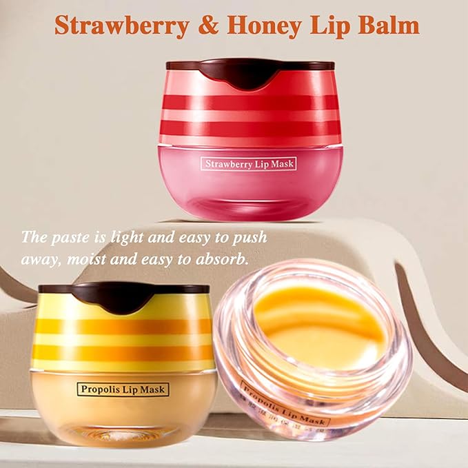 Bee Lip Balm Honey Pot, 2 PCS Honey & Strawberry Lip Sleeping Mask Hydrating Propolis Lip Balm with Stick, Prevention Dry and Cracked Lip Scrubs Reduces Lip Wrink (Honey+Strawberry)