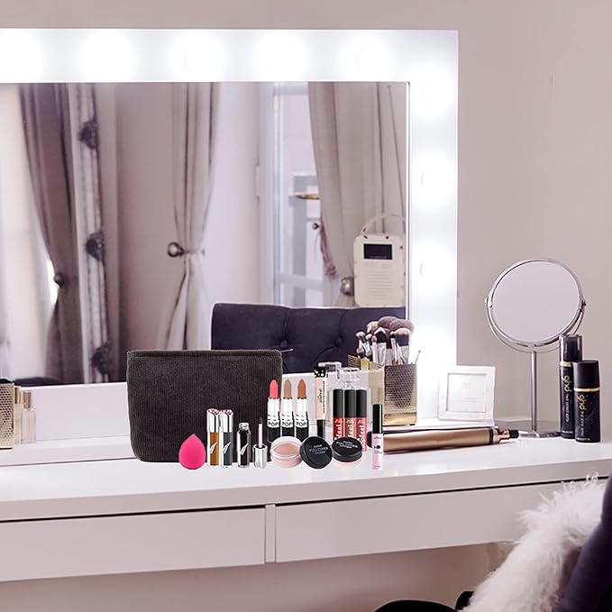 PAZIMIIK Makeup Bag Large Zipper Corduroy Make Up Pouch for Purse Travel Canvas Cosmetic Organizer for Women Brush Storage,Black