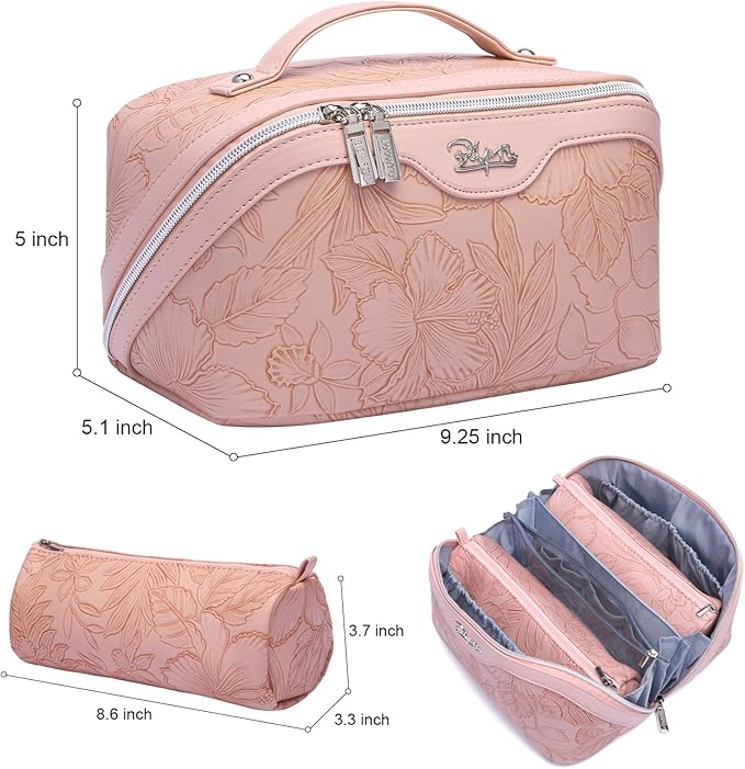 BOYATU Travel Makeup Bags Cosmetic Organizer Bag: 3-Set Large Capacity Make up Bag - PU Leather Toiletry Bags for Women - Wide Open Portable Pouch with Divider & Handle (01-Z-Pink)