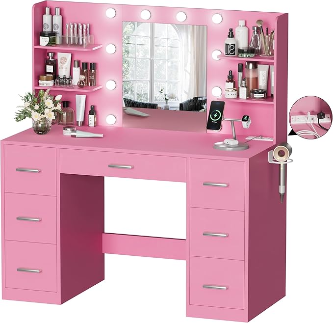 YESHOMY Vanity Desk with Mirror, Power Outlet and 10 Lights, Makeup Table with 7 Drawers, 3 Color Modes Available for Bedroom, Pink