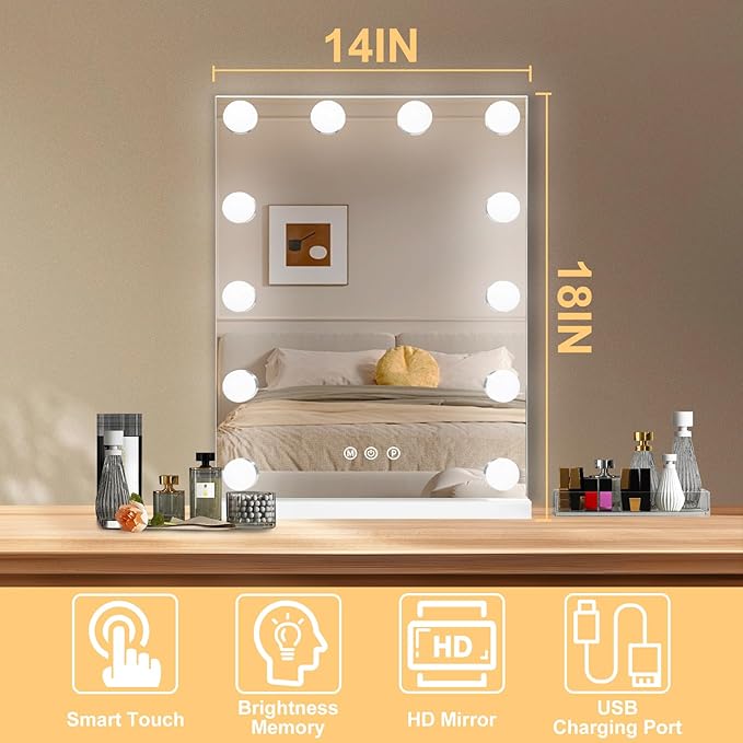 Hollywood Vanity Mirror with Lights, 12 Dimmable Bulbs, 3 Color Lights,Make Up Lighted Mirror, Aluminum Metal Frame, USB Charging Port(14" x 18")