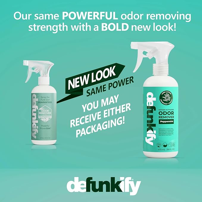 Odor Remover Spray, 16oz (2-Pack). 'Peppermint' Essential Oil Odor Eliminator for Strong Odors on Fabric, Shoes, Activewear. 'ProvenSafe' Deodorizer for Pets, Kids & Sensitive Gear w/Ionic Silver