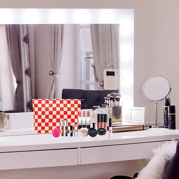 PAZIMIIK Makeup Bag Large Zipper Corduroy Make Up Pouch for Purse Travel Canvas Cosmetic Organizer for Women Brush Storage,Checkered Red