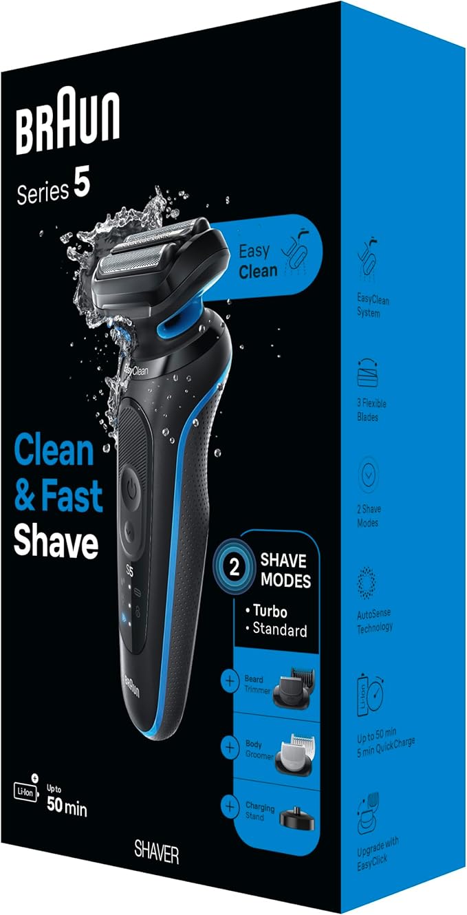 Braun Electric Shaver for Men, Series 5 5150cs, Wet & Dry Shave, Turbo Shaving Mode, Foil Shaver, with Beard Trimmer, Body Groomer and Charging Stand, Blue