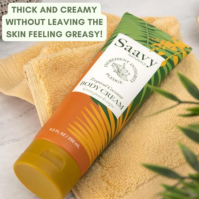 Saavy Naturals Body Cream Clean,Plant Based Ingredients - Made in USA, 2 Pack Tropical Coconut with Absorbent Shea Butter Vegan, Thick and Creamy, Naturally Scented Body Lotion for Dry Skin, 8.5 Oz.