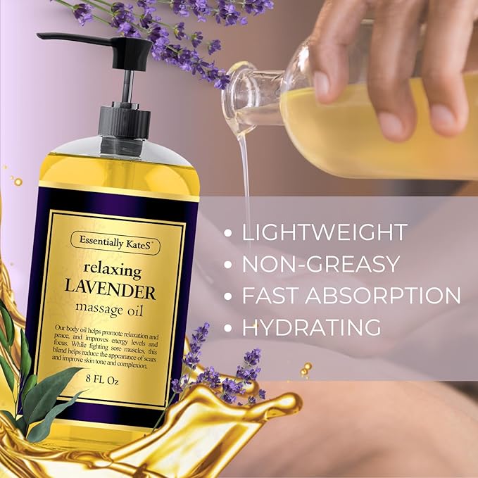 Essentially KateS Lavender Massage Oil 8 Fl Oz - Relaxation and Soothing (Lavender) - Expertly Delivers a Well Balanced, Efficacious Formula.