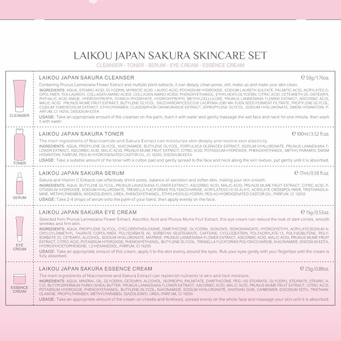 Skin Care Set JAPAN SAKURA Women Beauty Gift Sets Skin Care Kit with Cleanser, Toner, Serum, Eye Cream, Face Cream Travel Kit for Women Teen Girls Mom Daughter Birthday TSA-friendly Sizes 5pcs