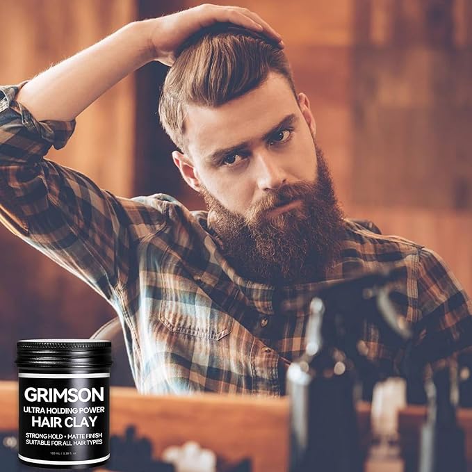 GRIMSON Hair Clay for Men - Strong Hold, Matte Finish, Ideal for All Hair Types & Styles, Easy to Wash Out, Improves Texture & Thickness, Easy to Apply (100g / 3.5oz)