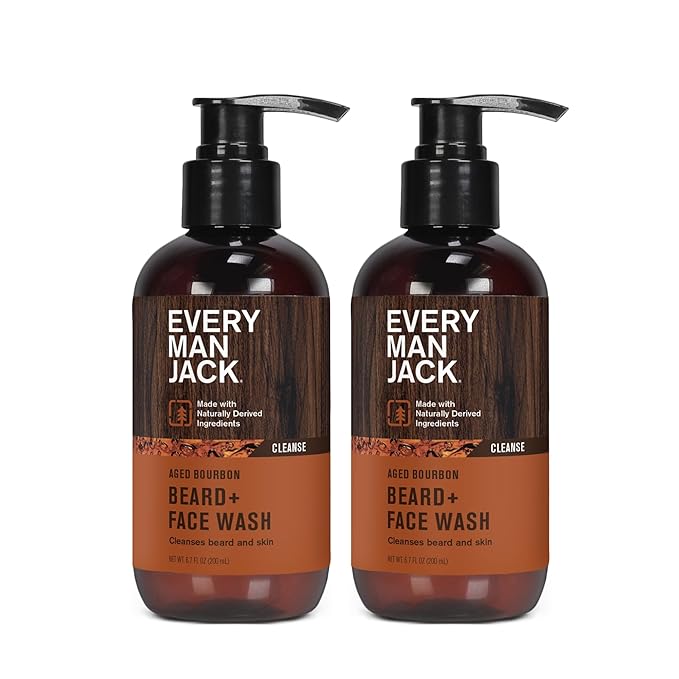 Every Man Jack Beard + Face Wash - Subtle Aged Bourbon Fragrance - Cleans and Helps Condition and Soften Your Beard and Skin Underneath - Naturally Derived with Aloe and Glycerin- 6.7 fl oz (2 Pack)