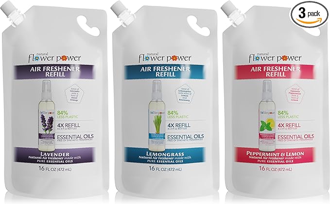 Air Freshener Spray Refills - Odor Eliminator w/Essential Oils - Home, Car & Fabric - Cruelty Free & Vegan - Variety Pack - Lavender, Lemongrass, Peppermint & Lemon - 3 x 16 fl oz