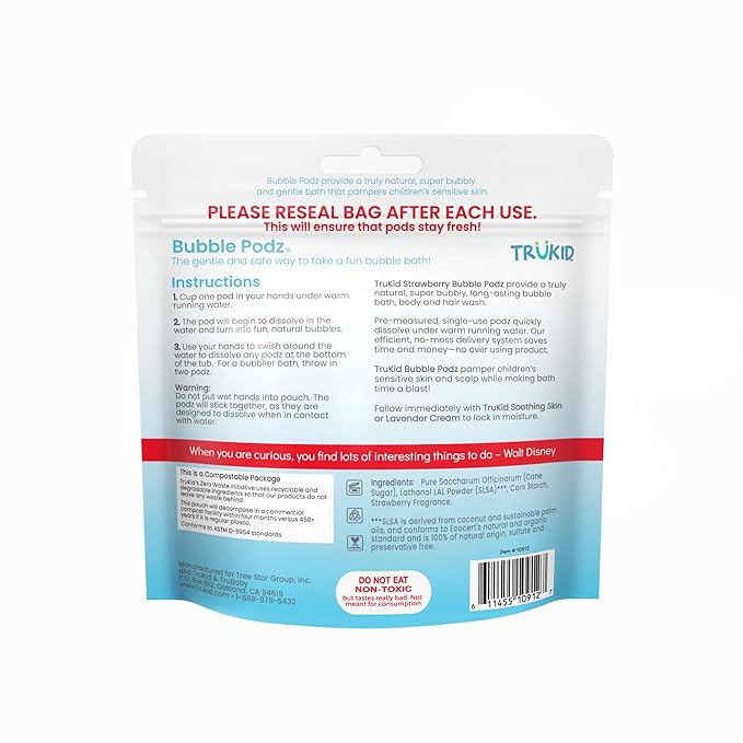 TruKid Bubble Podz Bubble Bath for Kids, Toddlers, & Babies, Tear Free Gentle & Refreshing Bath Bomb for Sensitive Skin with Natural Moisturizers, Non-Toxic, pH Balanced, Strawberry Scent (10 Podz)