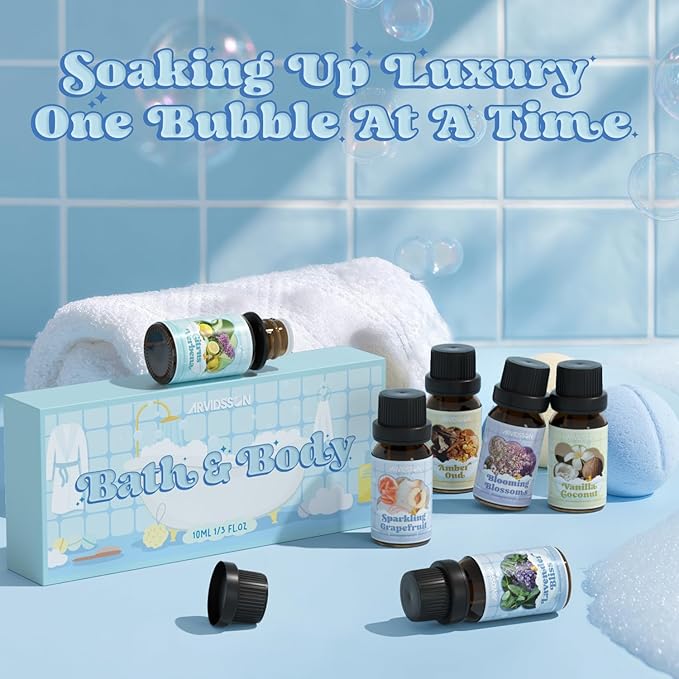 Bath Fragrance Oils Set, ARVIDSSON Natural Spa Essential Oils for Diffuser, Soap and Candle Making, Vanilla & Coconut, Lavender Bliss, Sparkling Grapefruit, Citrus Verbena, Amber Oud, Scented Oils