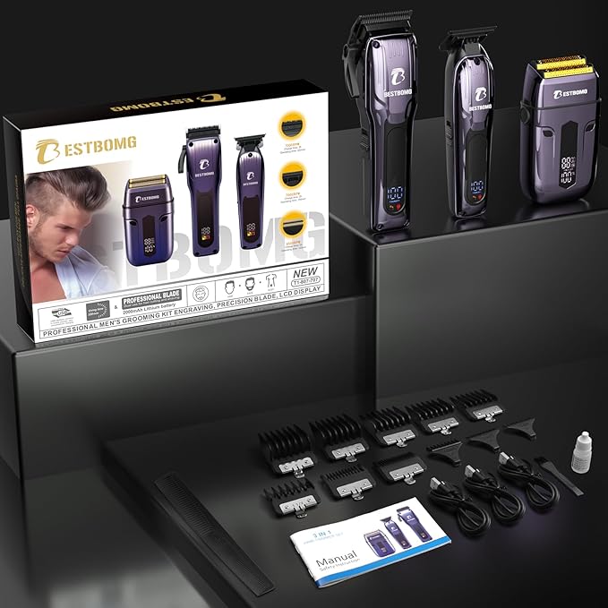 BESTBOMG® Hair Clippers for Men, Professional Hair Clippers, Beard Trimmer& Rechargeable Shaver Set, Metal T-Blade, LED Display, Barber Hair Cutting Kit for Men Grooming & Gifts, BS-808C (Blue)
