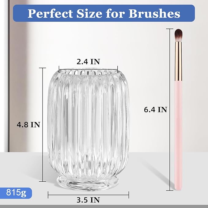 Makeup Brush Holder, Thick Glass Makeup Brush Organizer Cup, 4.8" Tall for Vanity Hair Brush Holder Brushes Storage, Makeup Brush Holder Organizer organizador de brochas de maquillaje Crystal Clear