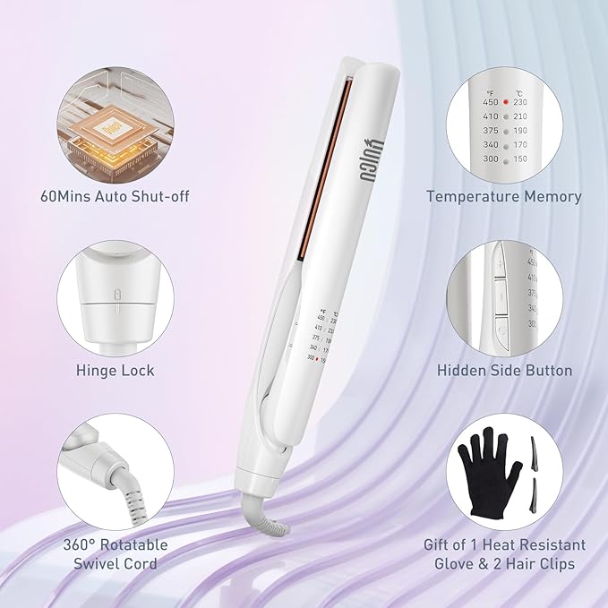 Quico Flat Iron Hair Straightener, 100-240V Dual Voltage Travel Hair Straightener and Curler with 15s Heat Up, Professional Negative Ion Ceramic Flat Iron for Less Frizz, 5 Temp & Auto Shut-Off