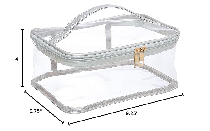 Large Cosmetic Bag for Women / Clear, See-Through Makeup, Hair & Nail Accessories Pouch for Travel or Home / Transparent PVC Plastic Organizer, Spacious Interior, Handle & Double Zippers (Silver)