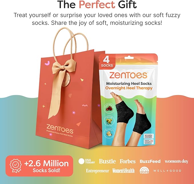 ZenToes Moisturizing Socks for Cracked Heel Treatment - Vitamin E, Olive Oil and Jojoba Oil Infused Heel Socks to Soften and Hydrate (Fuzzy Black, Wide Width)